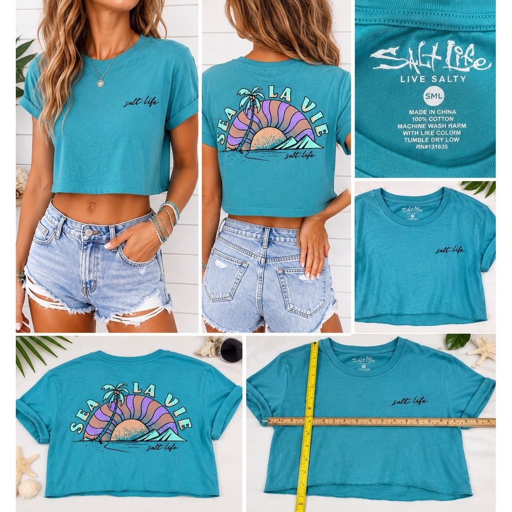 Salt Life Womens Sea La Vie Graphic T-Shirt Turquoise Blue Cotton Crop Small